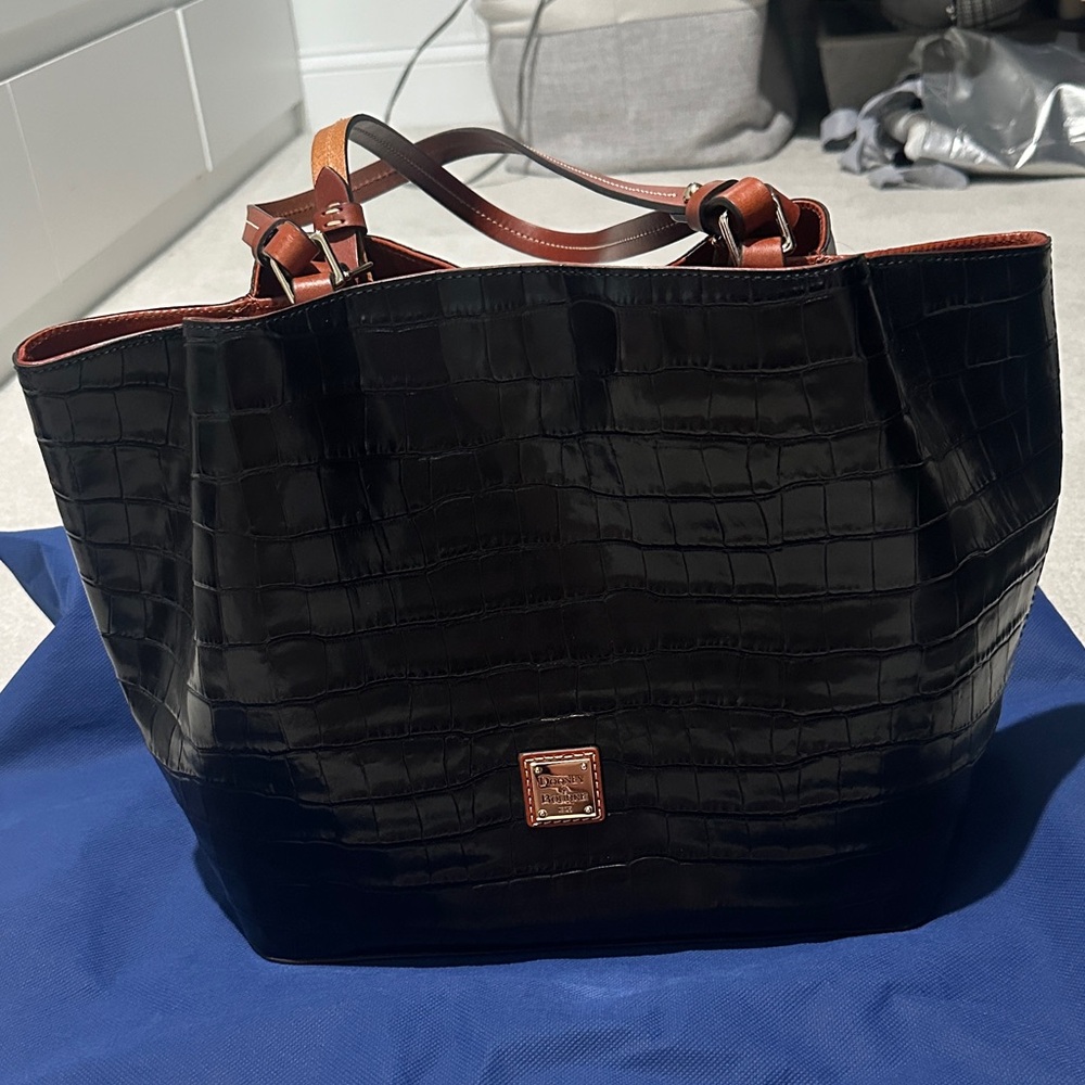 Dooney & Bourke Black Croc-Embossed Flynn Tote with Brown Accents